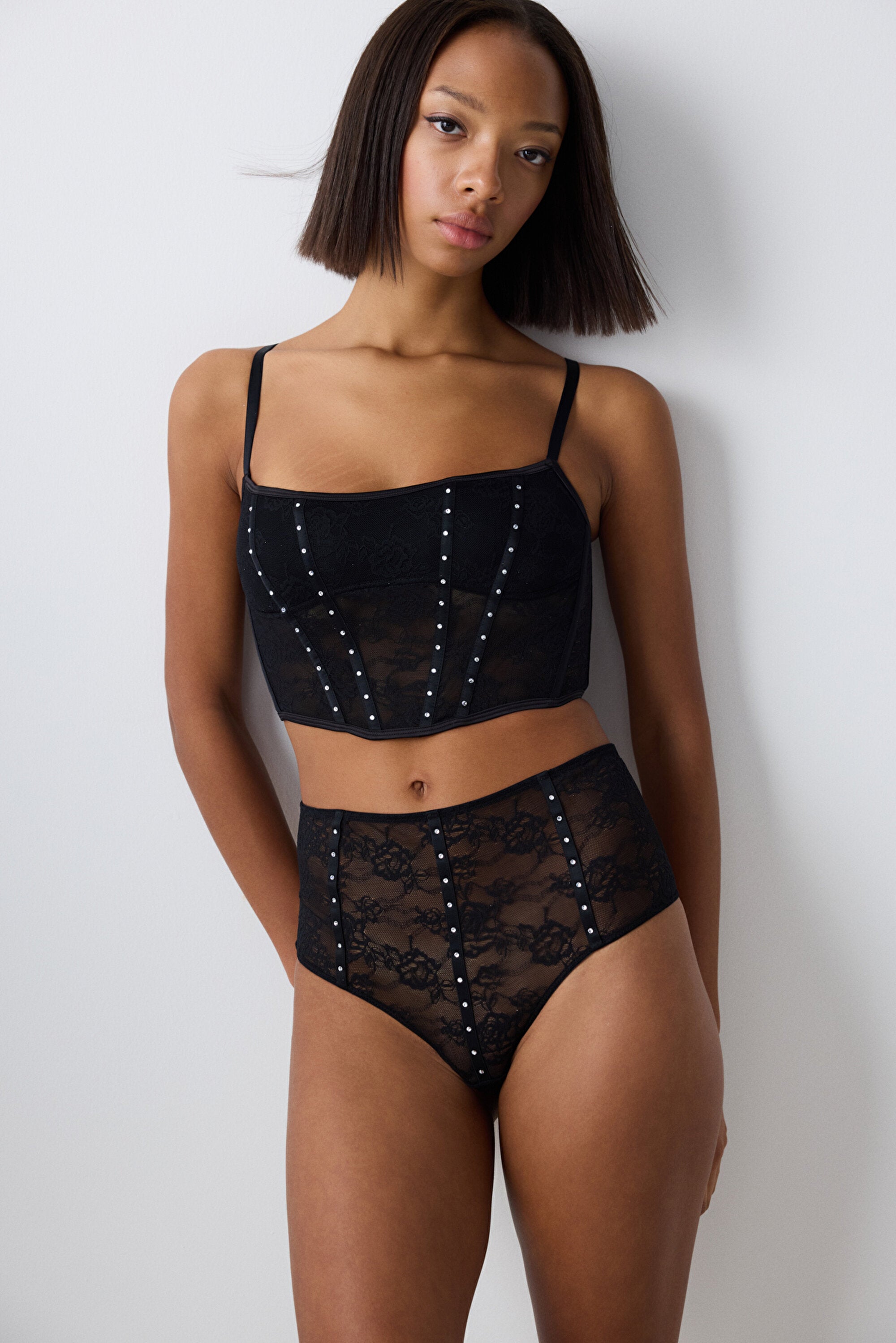 Shinny Lace Lace High Waist Thong Panties