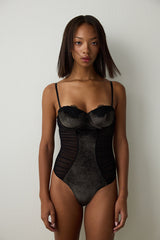 Black Underwired Velvet Thong Bodysuit