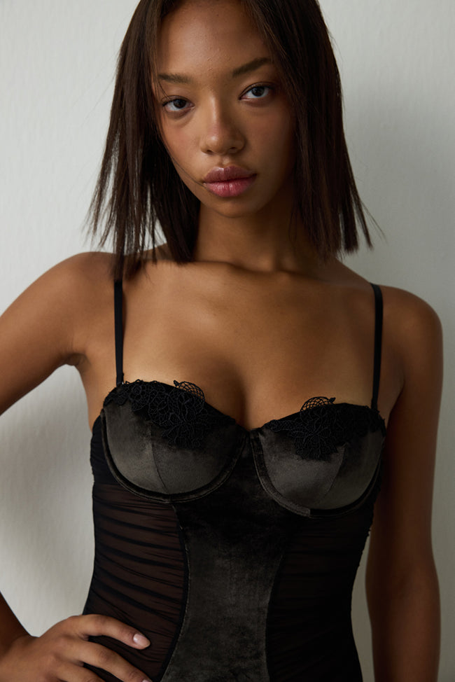 Black Underwired Velvet Thong Bodysuit Main Image