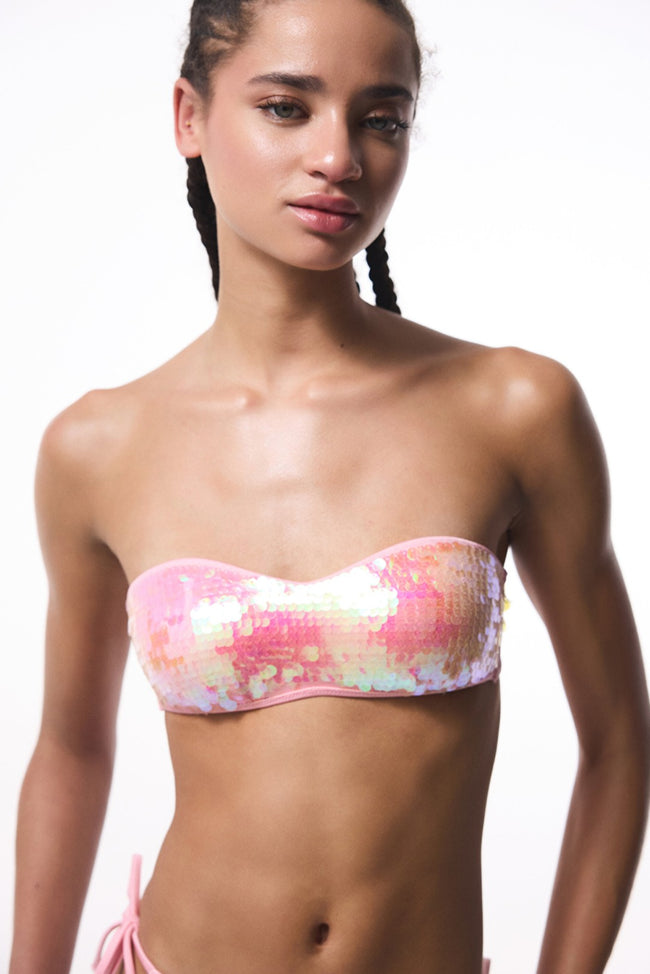 Sequin Pink Strapless Bikini Top - Gamze Erçel Collection Hover Image