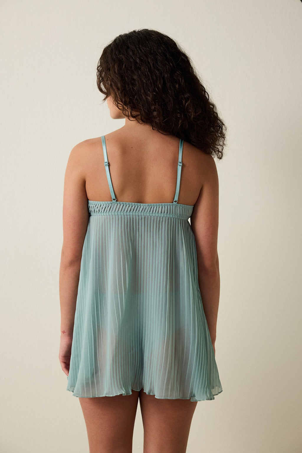 Mint Striped Chiffon Pleated Non-wired Babydoll
