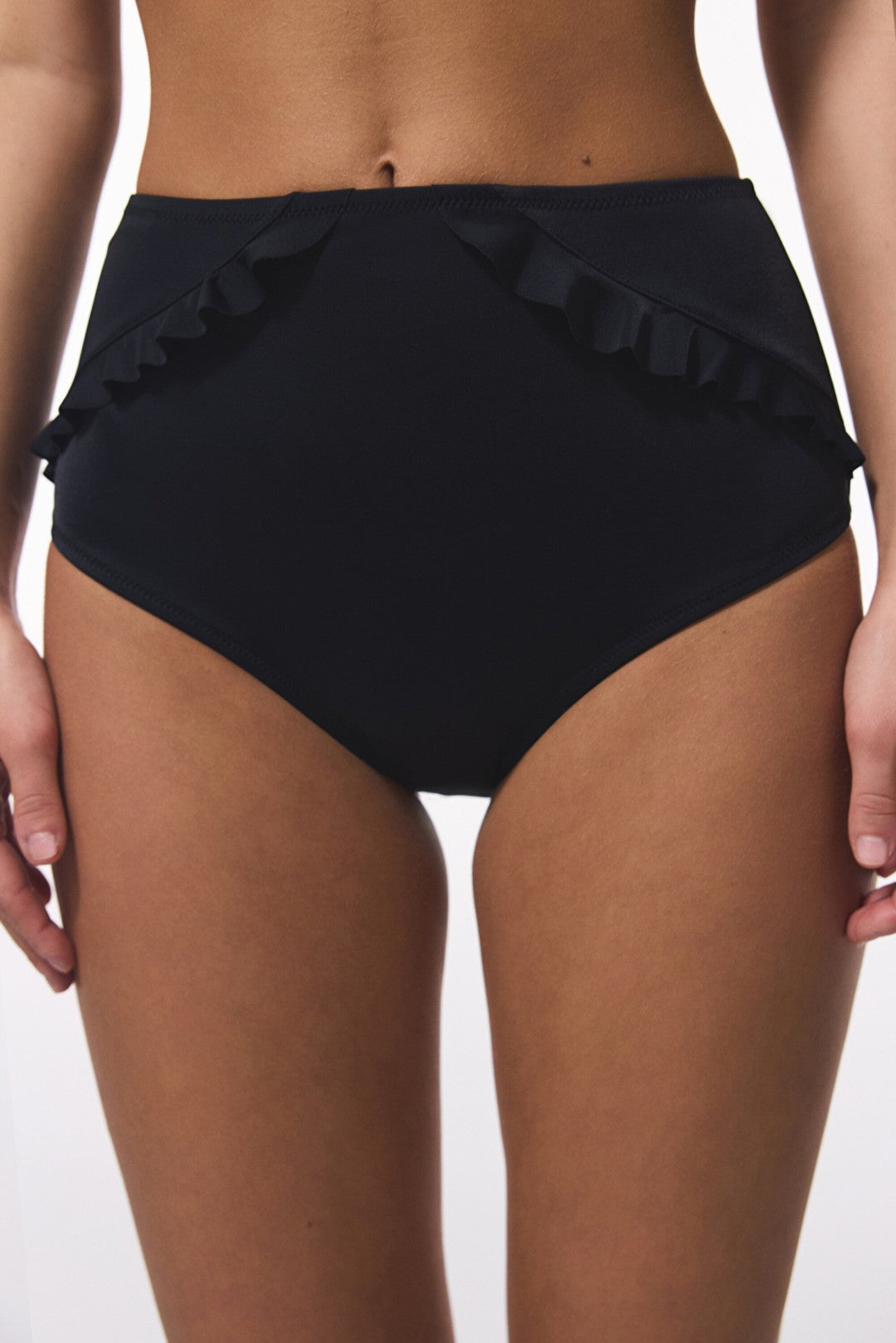 Black New High Ruffle High Waist Bikini Bottom