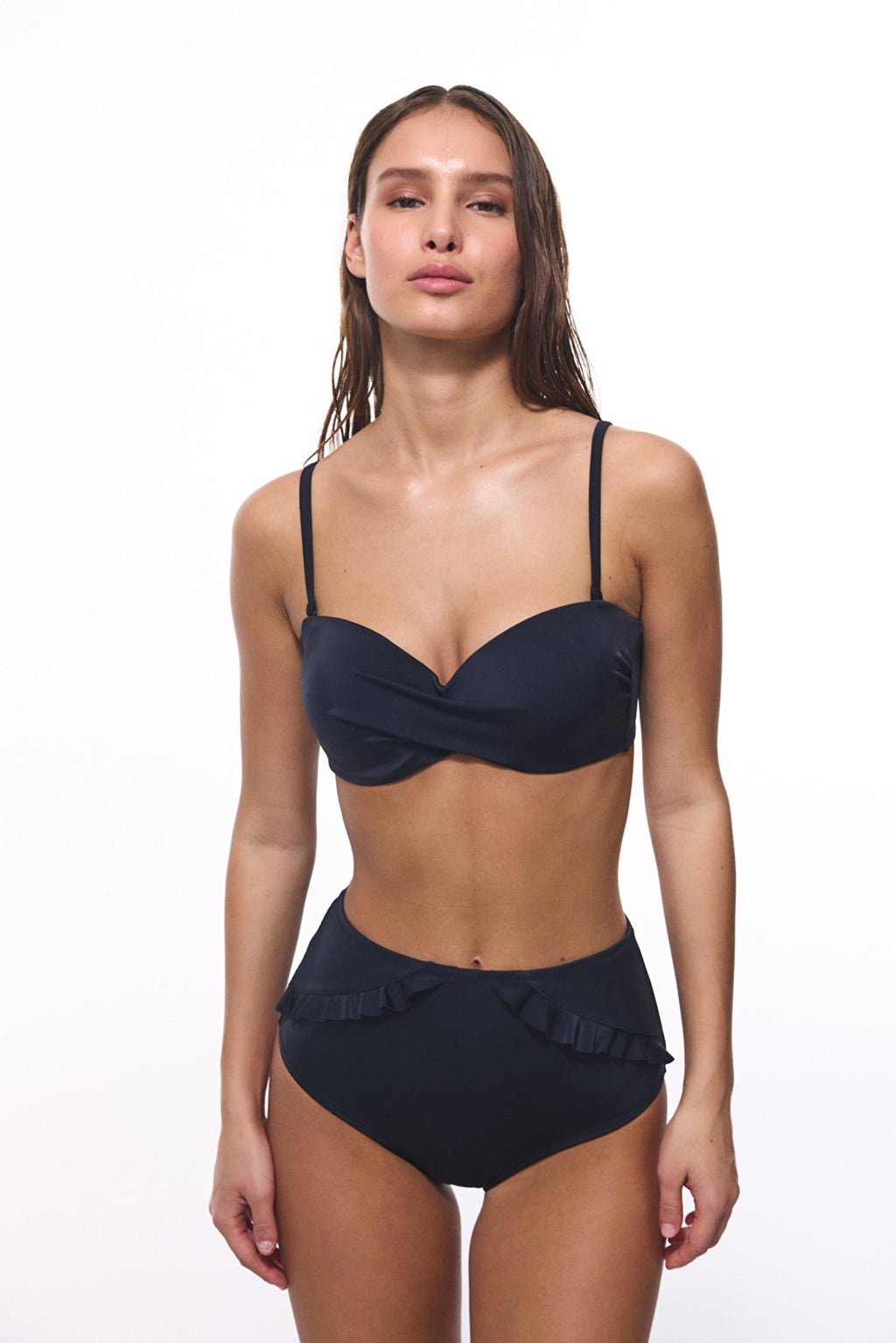 Black New High Ruffle High Waist Bikini Bottom