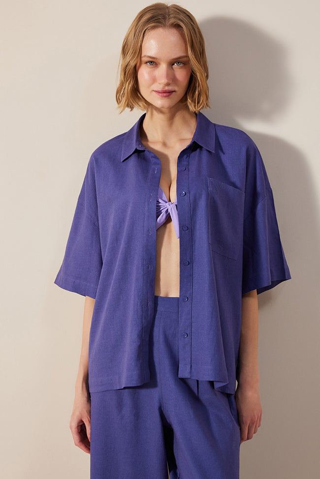 Linen Natural Dark Blue Shirt Hover Image