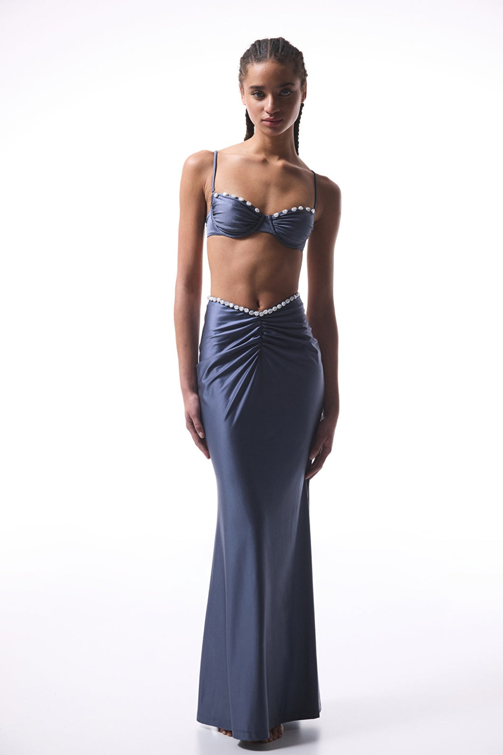 Gray Seashell Pleated Long Skirt - Gamze Erçel Collection