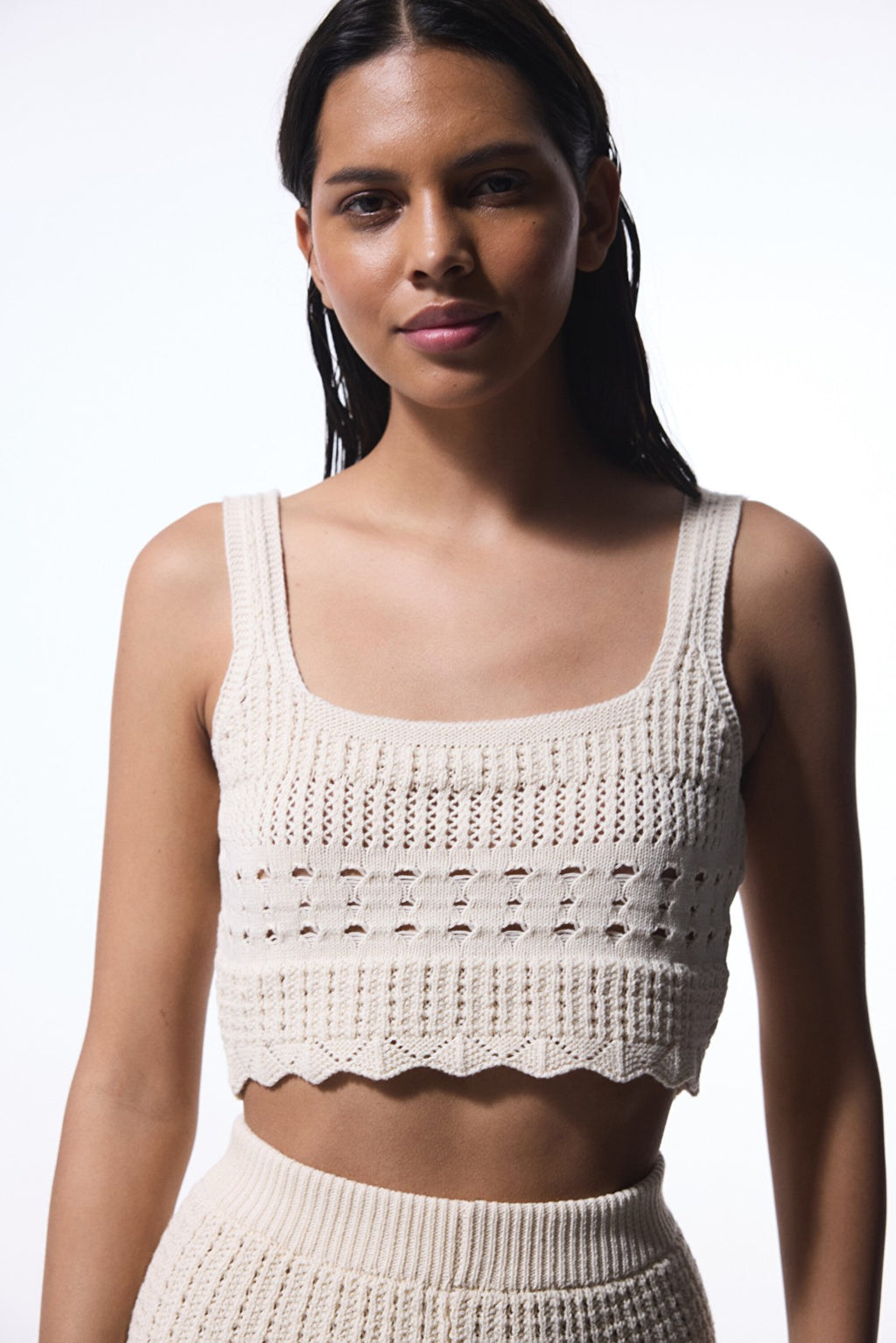 Stone Color Colette Embroidery Detailed Square Neck Crop Top
