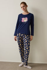 Indigo Sleepy Cat Crew Neck Cotton Long Sleeve Pajama Set