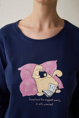 Indigo Sleepy Cat Crew Neck Cotton Long Sleeve Pajama Set