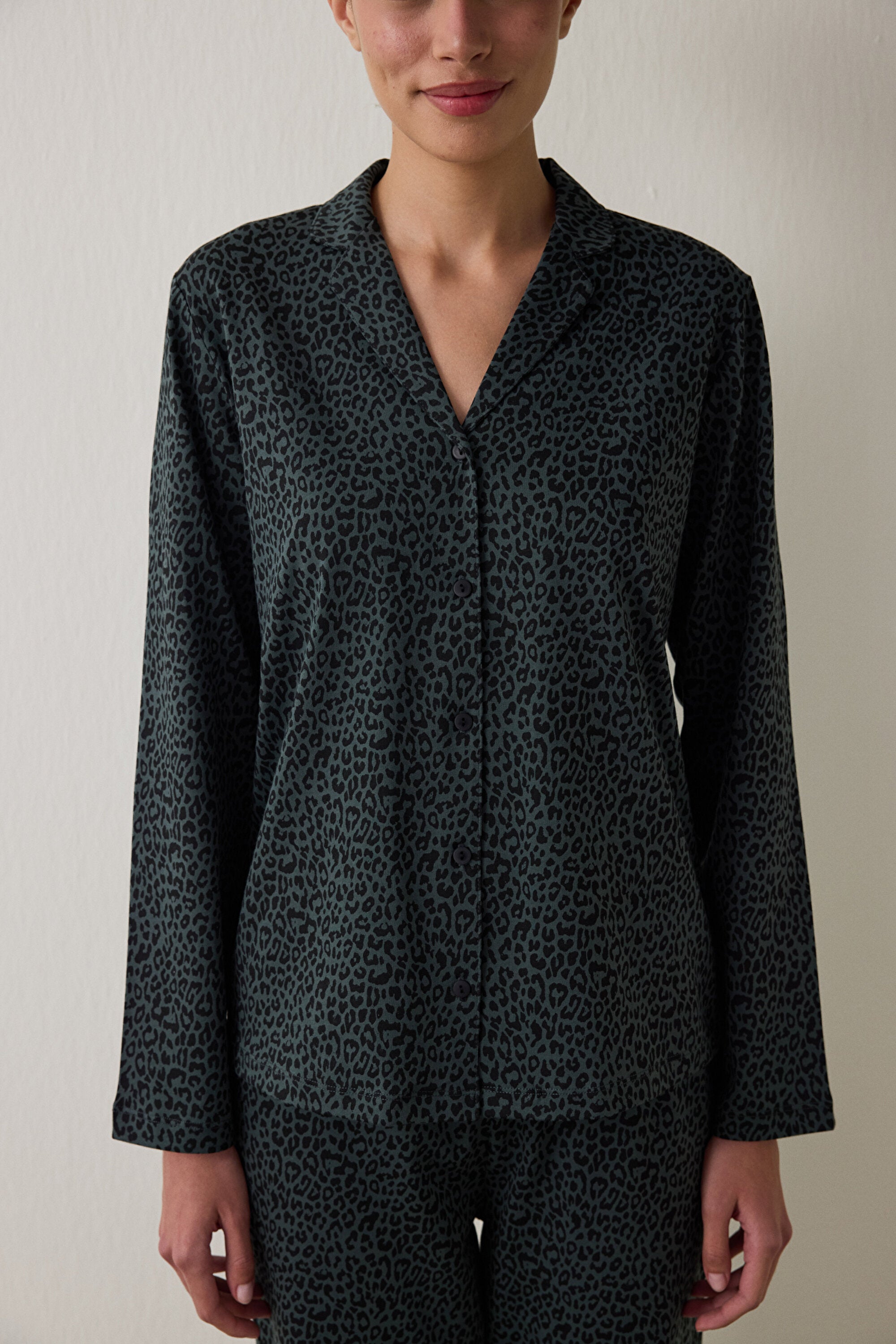 Black Dark Leopard Cotton Shirt Pants Pajama Set