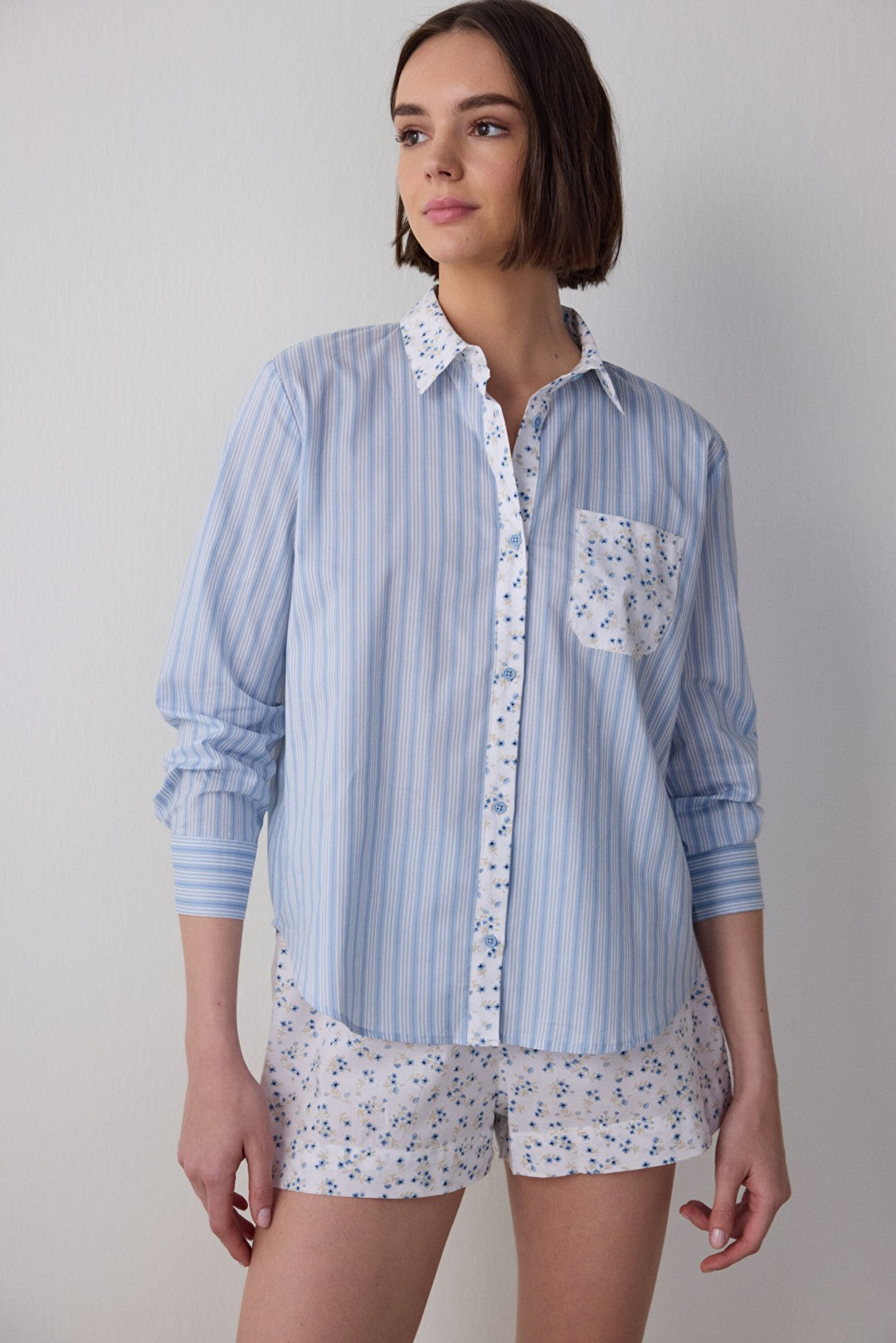 Light Blue Lilah Shirt Collar Cotton Long Sleeve Shorts Pajama Set