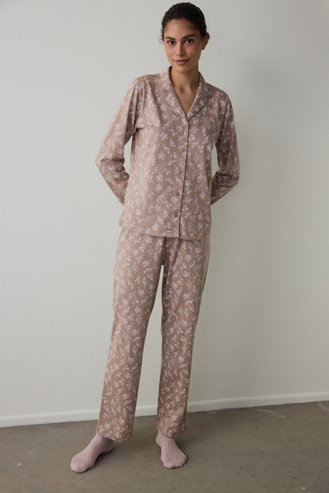 Beige Flower Time Shirt Collar Cotton Long-Sleeve Pajama Set Hover Image