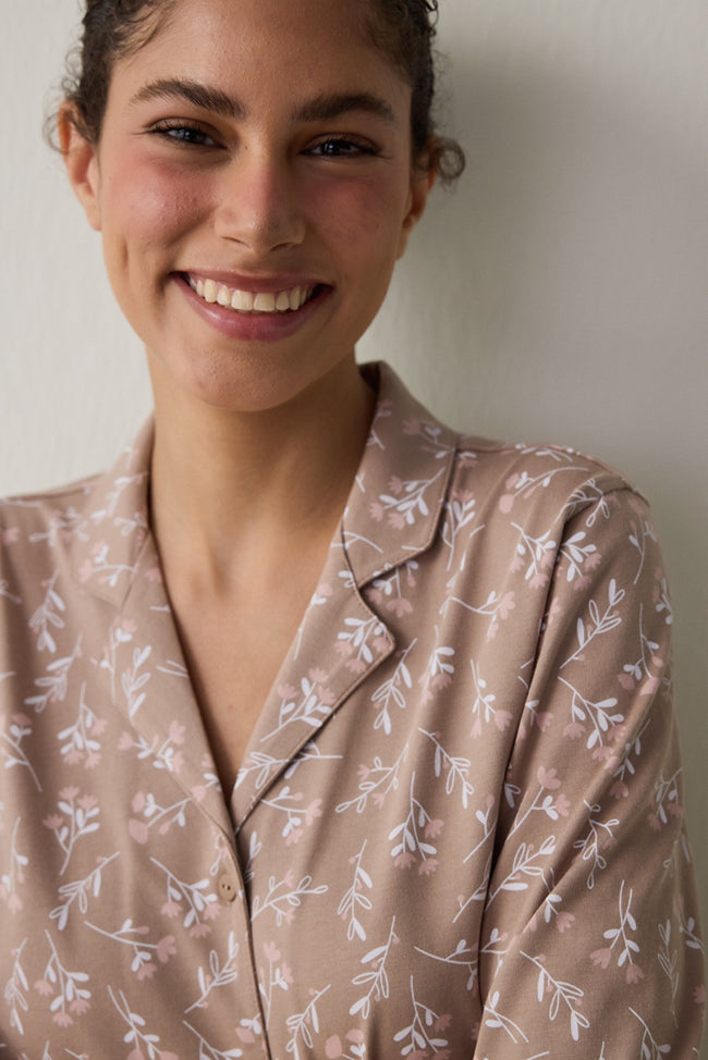 Beige Flower Time Shirt Collar Cotton Long-Sleeve Pajama Set Main Image
