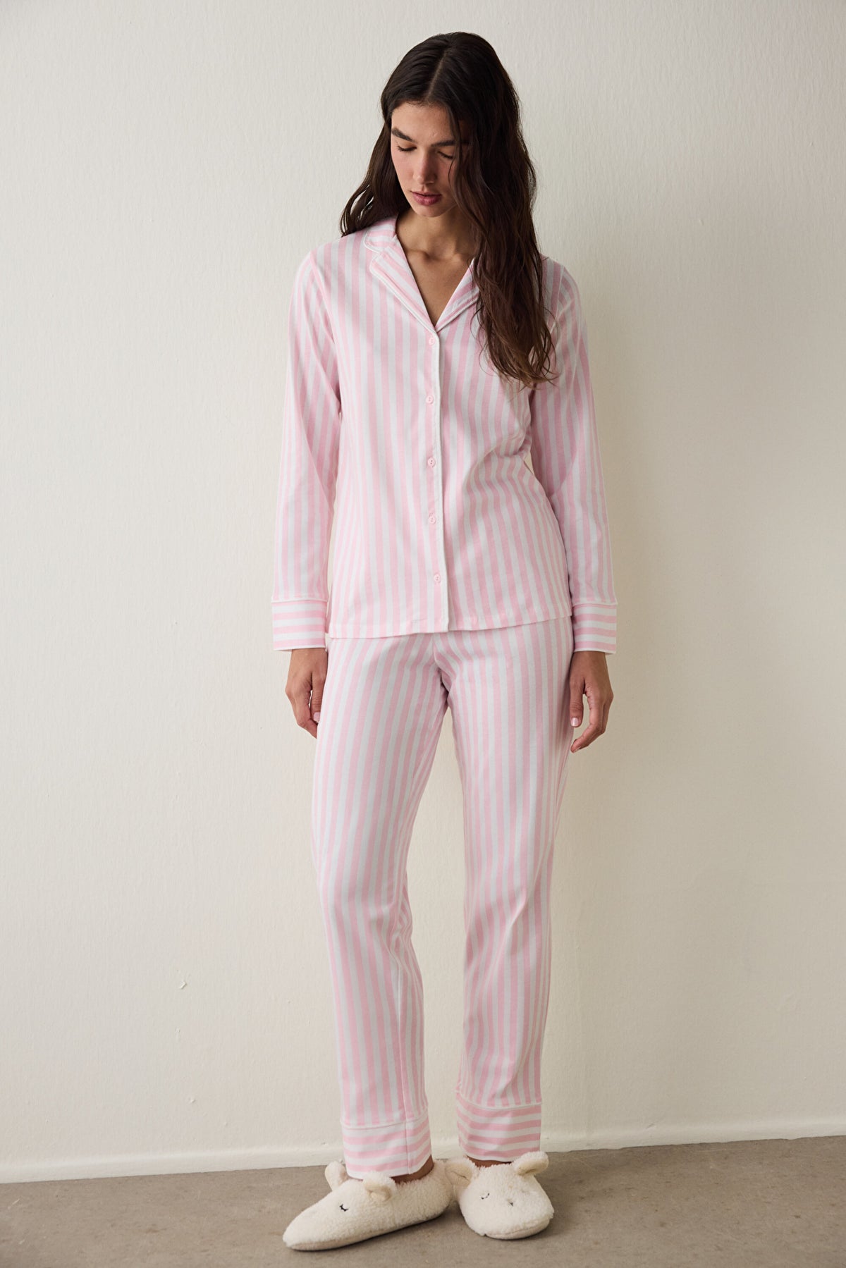 Light Pink Cotton Long Sleeve Shirt Pajama Set