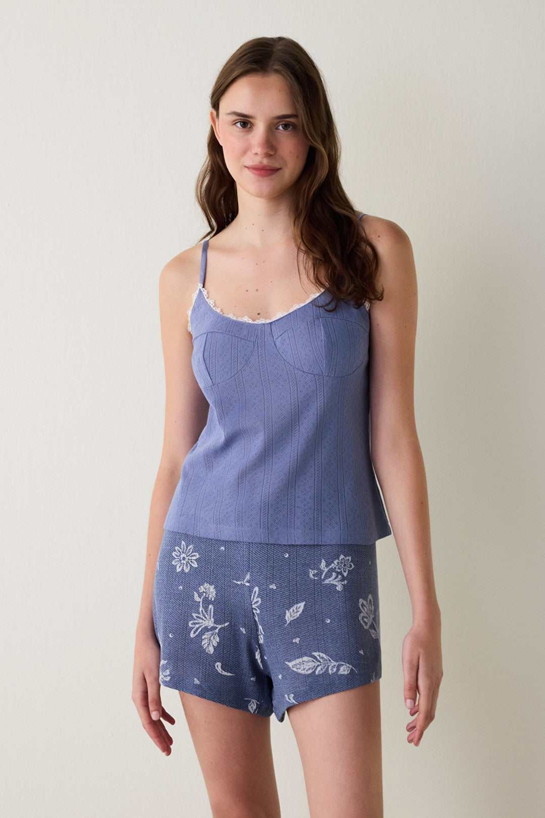 Indigo Hailee Floral Lace Cotton Openwork Pajama Top