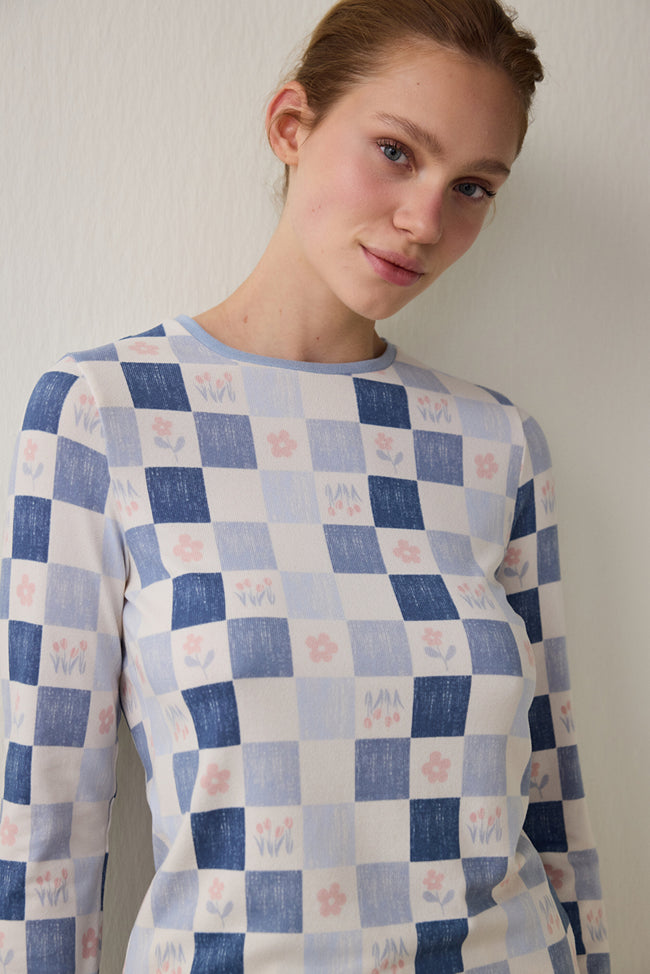 Light Blue Plaid Long Sleeve Pajama Set Main Image