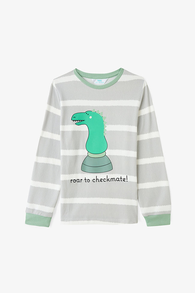 Light Gray Boys Chess Play Dinosaur Pattern Pajama Set Main Image