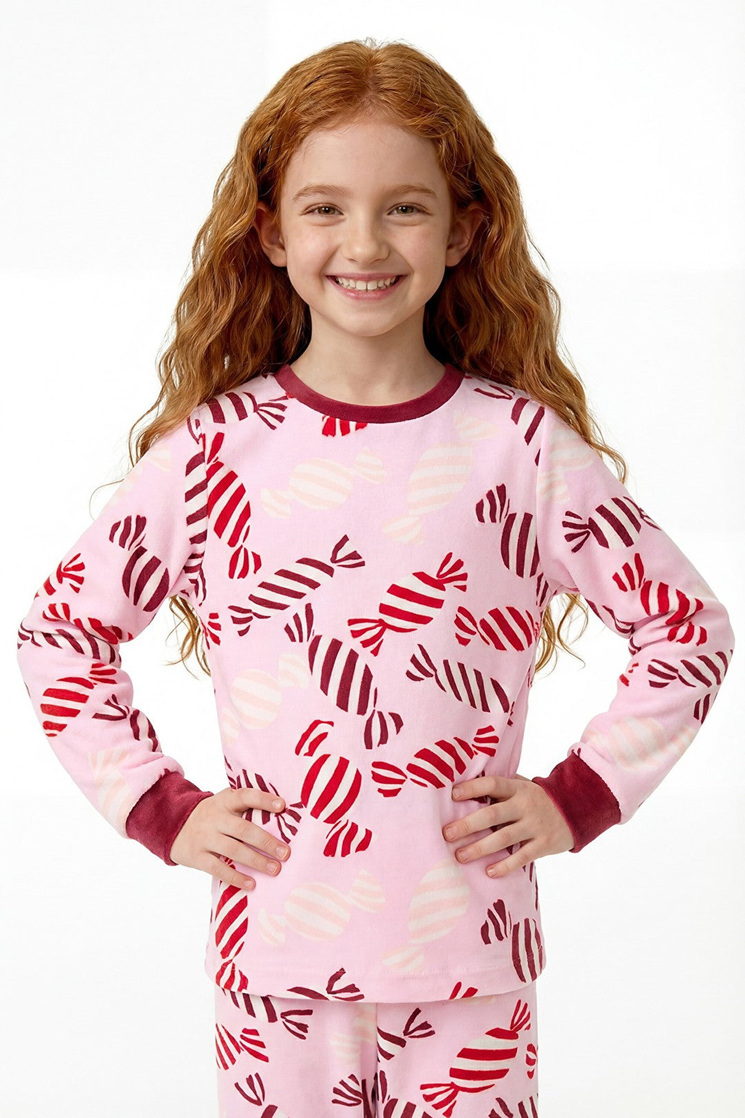 Pink Girls Candy New Year Patterned Soft Textured Pajama Set