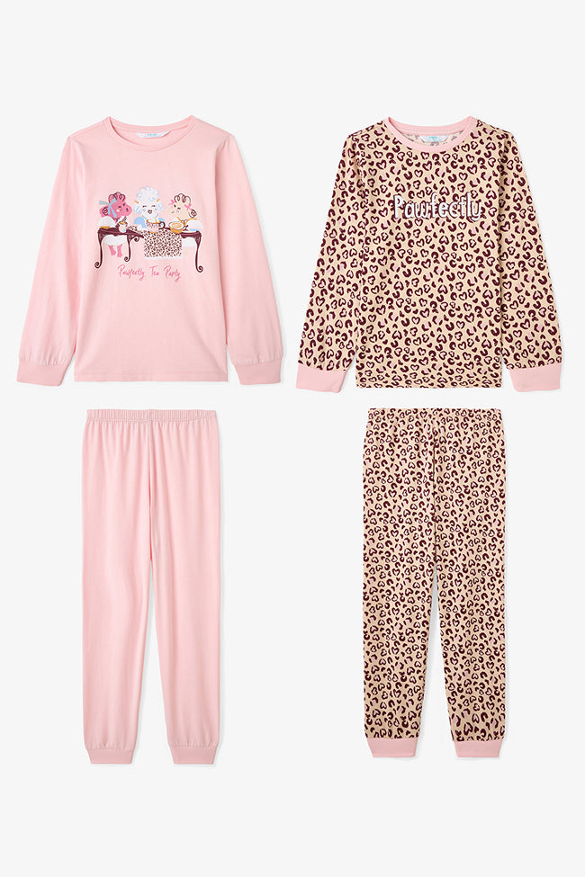 Pawfectly Girls Leopard Print Cotton 2-Piece Long-Sleeve Pajama Set Hover Image