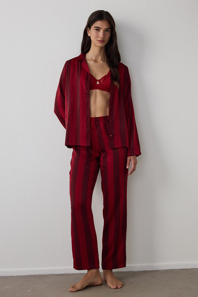 Red Margot Striped Satin Shirt Collar Long Sleeve Pajama Set Main Image