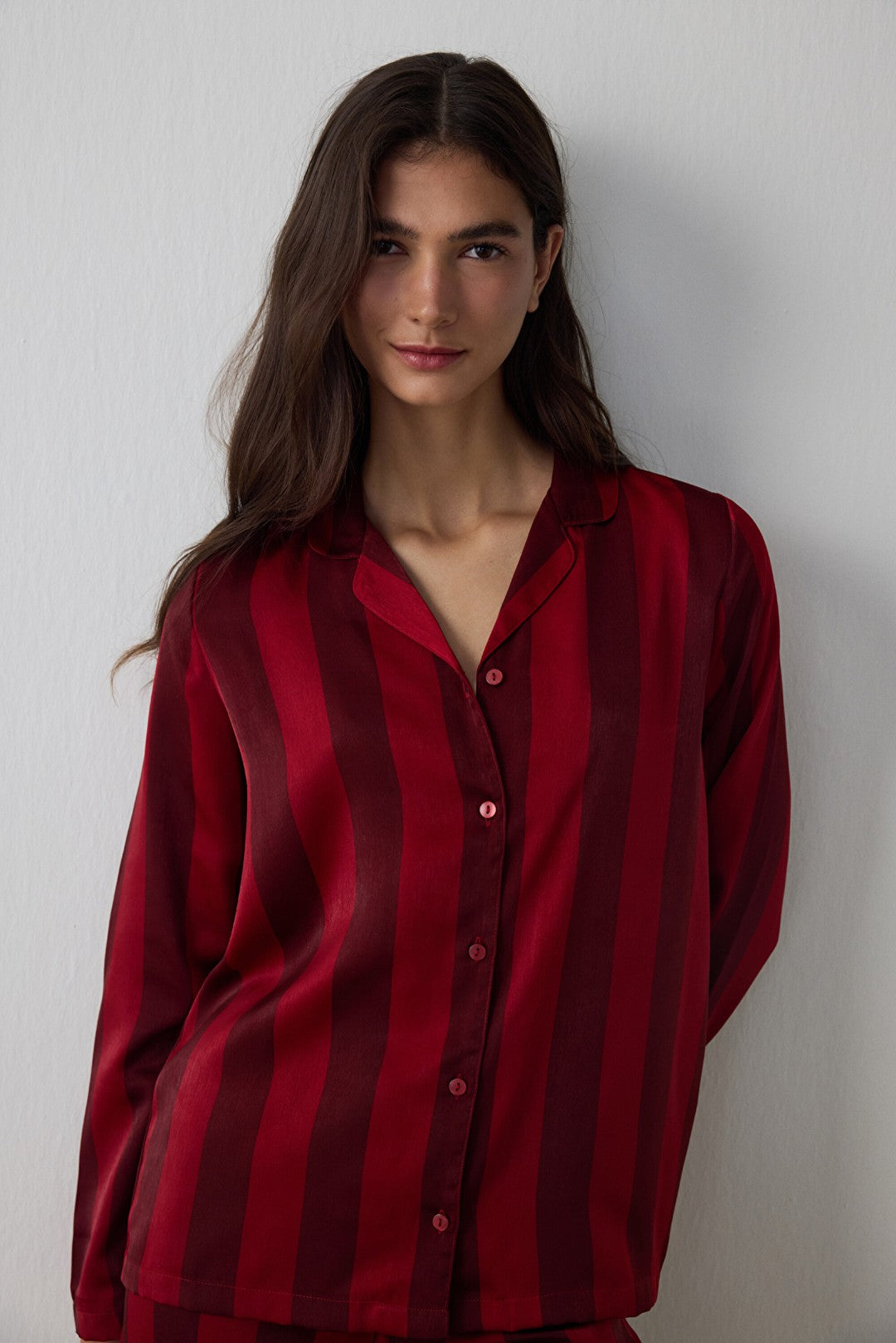 Red Margot Striped Satin Shirt Collar Long Sleeve Pajama Set