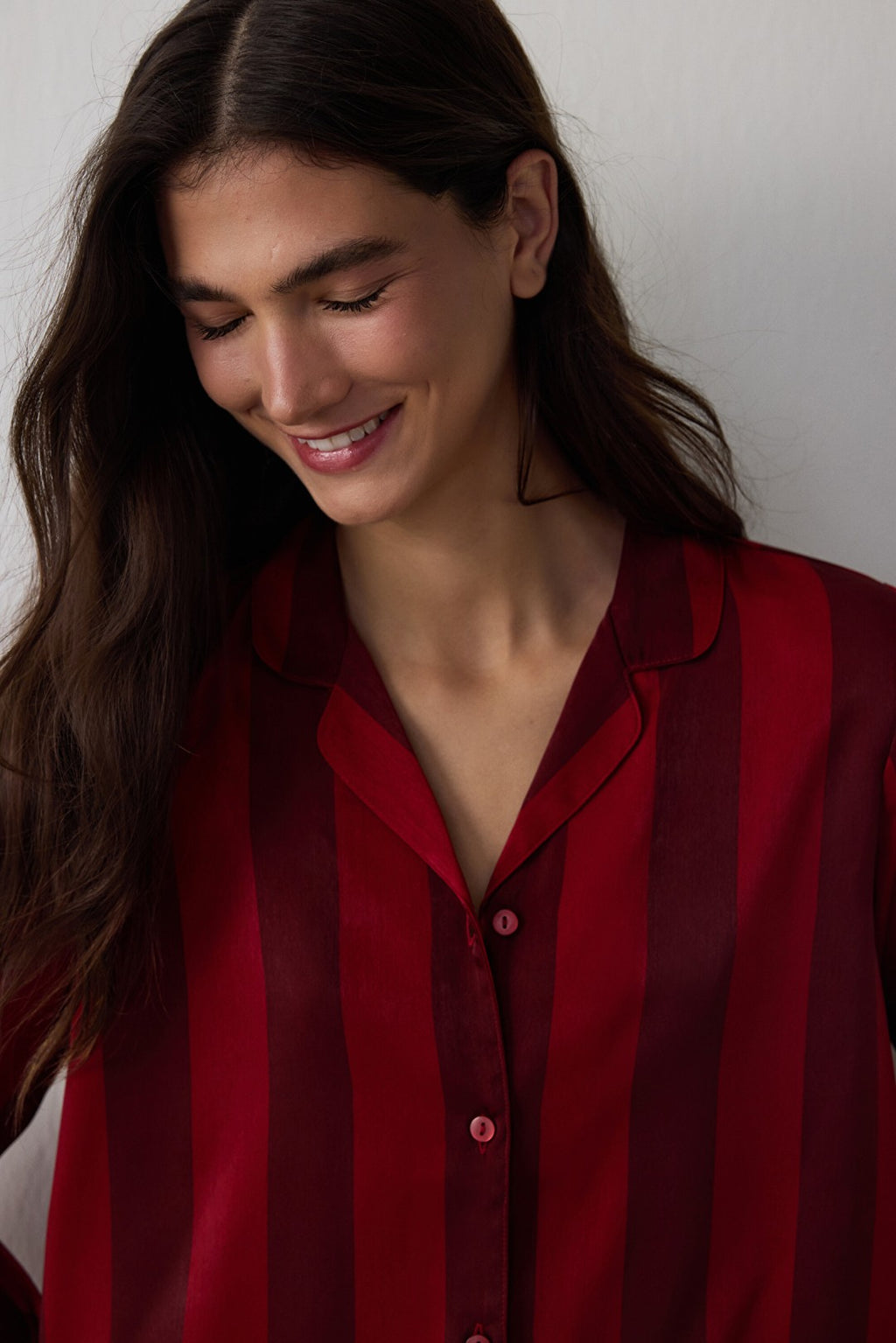 Red Margot Striped Satin Shirt Collar Long Sleeve Pajama Set