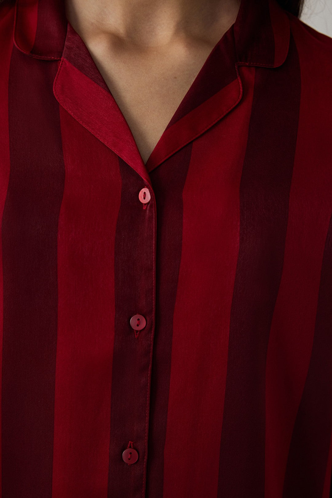 Red Margot Striped Satin Shirt Collar Long Sleeve Pajama Set