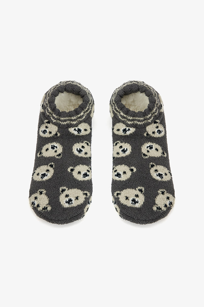 Dark Gray Bear Patterned House Slippers Hover Image