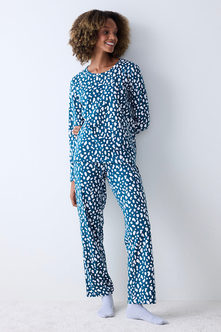 Cotton Blue Leopard Petrol Green Pants Pajama Set