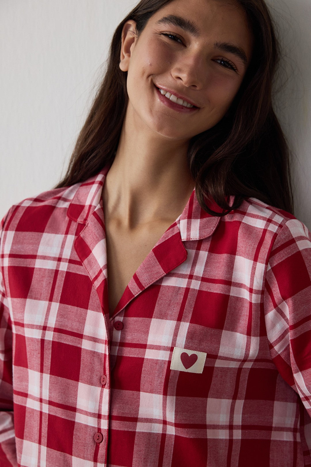 Red Good Mood Plaid Long-Sleeve Button-Down Cotton Shirt Nightgown