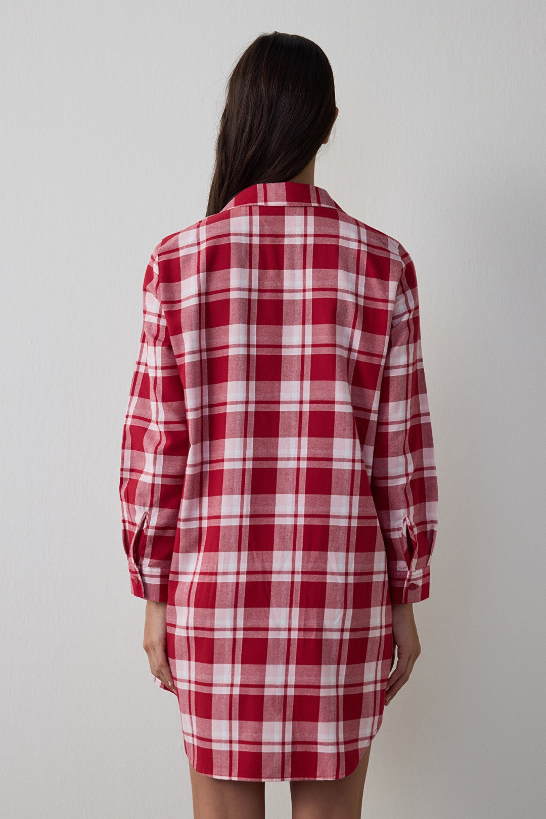 Red Good Mood Plaid Long-Sleeve Button-Down Cotton Shirt Nightgown