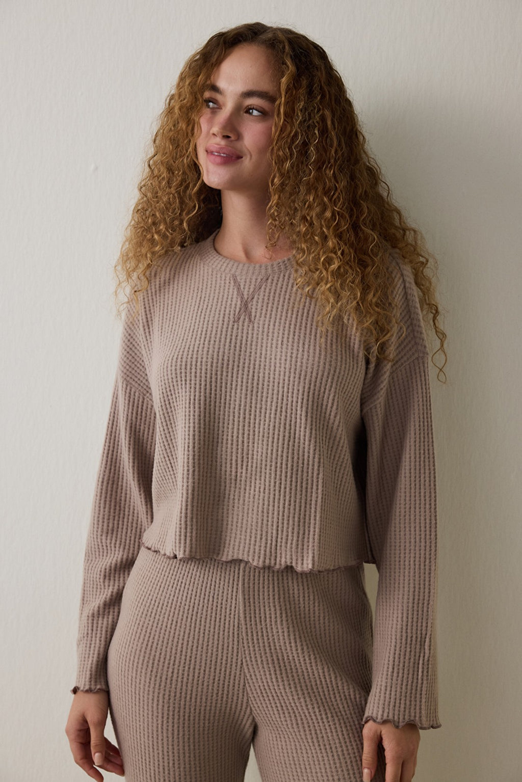 Dark Beige Mocha Waffle Crew Neck Thermal Pajama Set