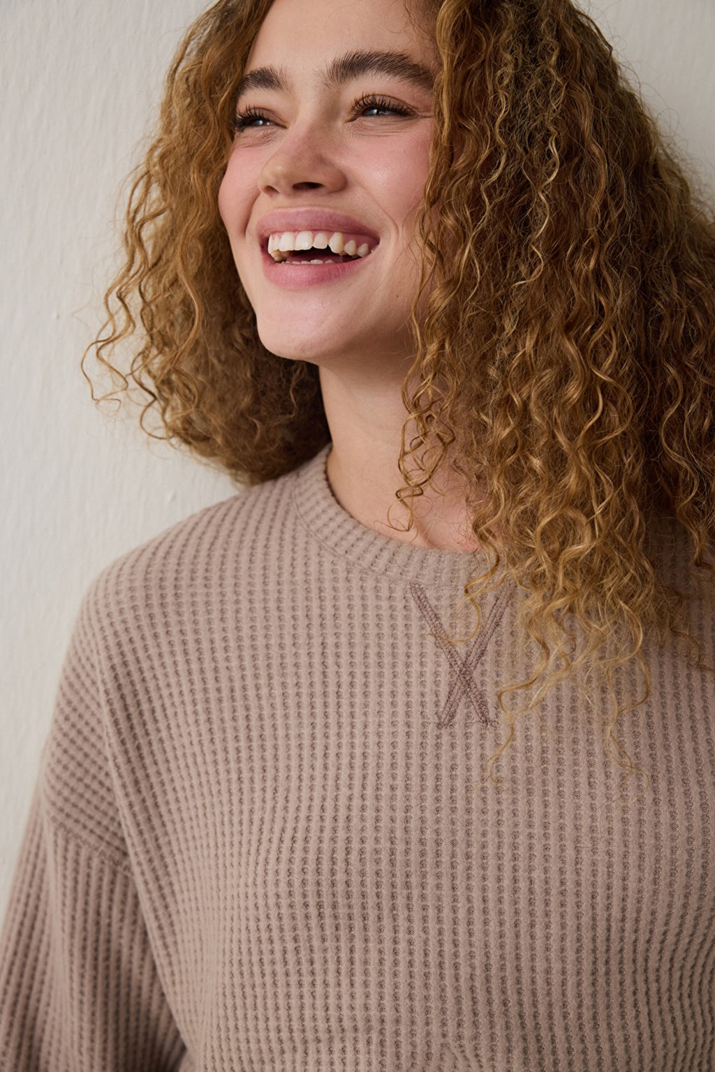 Dark Beige Mocha Waffle Crew Neck Thermal Pajama Set