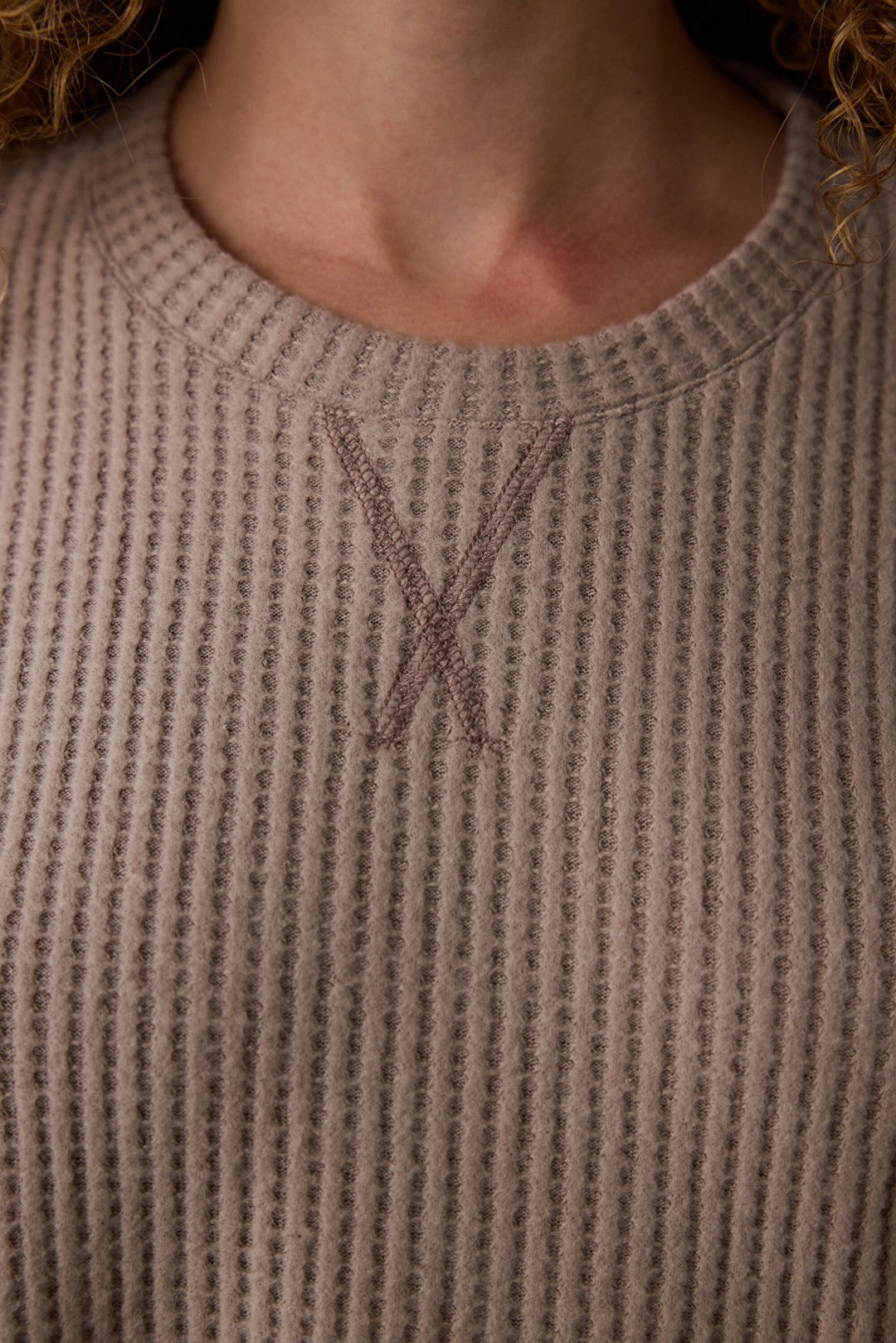 Dark Beige Mocha Waffle Crew Neck Thermal Pajama Set