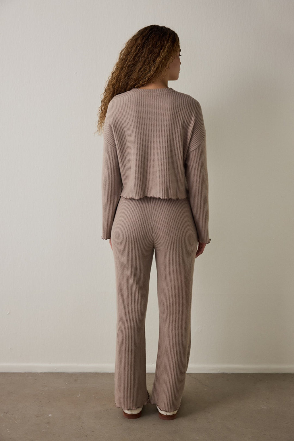 Dark Beige Mocha Waffle Crew Neck Thermal Pajama Set