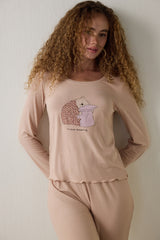 Beige Dreaming Leopard Print Crew Neck Long Sleeve Pajama Top