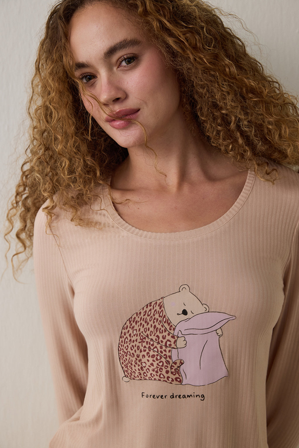 Beige Dreaming Leopard Print Crew Neck Long Sleeve Pajama Top