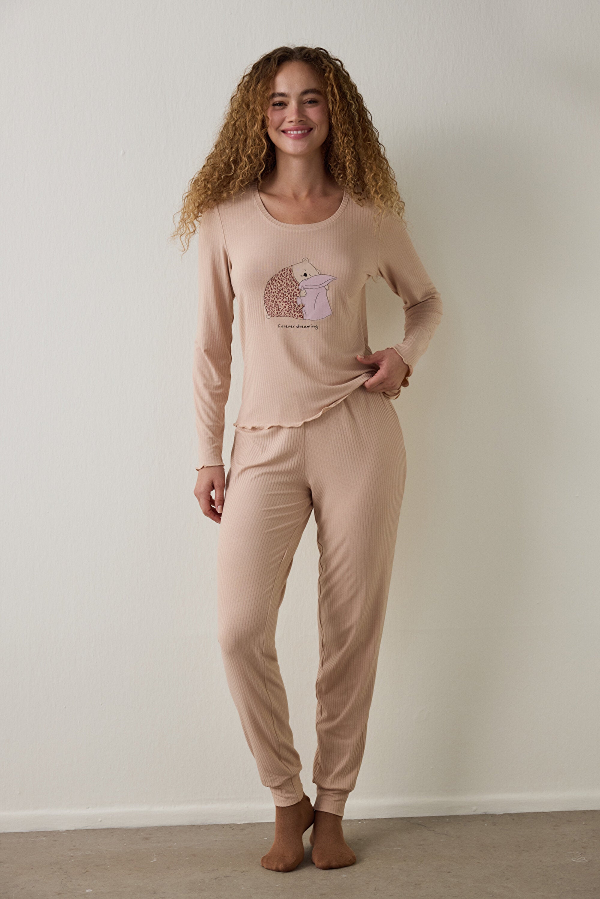 Beige Dreaming Leopard Print Crew Neck Long Sleeve Pajama Top