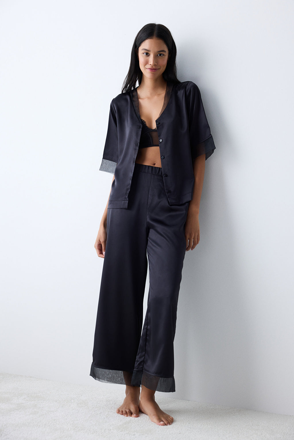 Belle Satin Black Shirt Pants Pajama Set