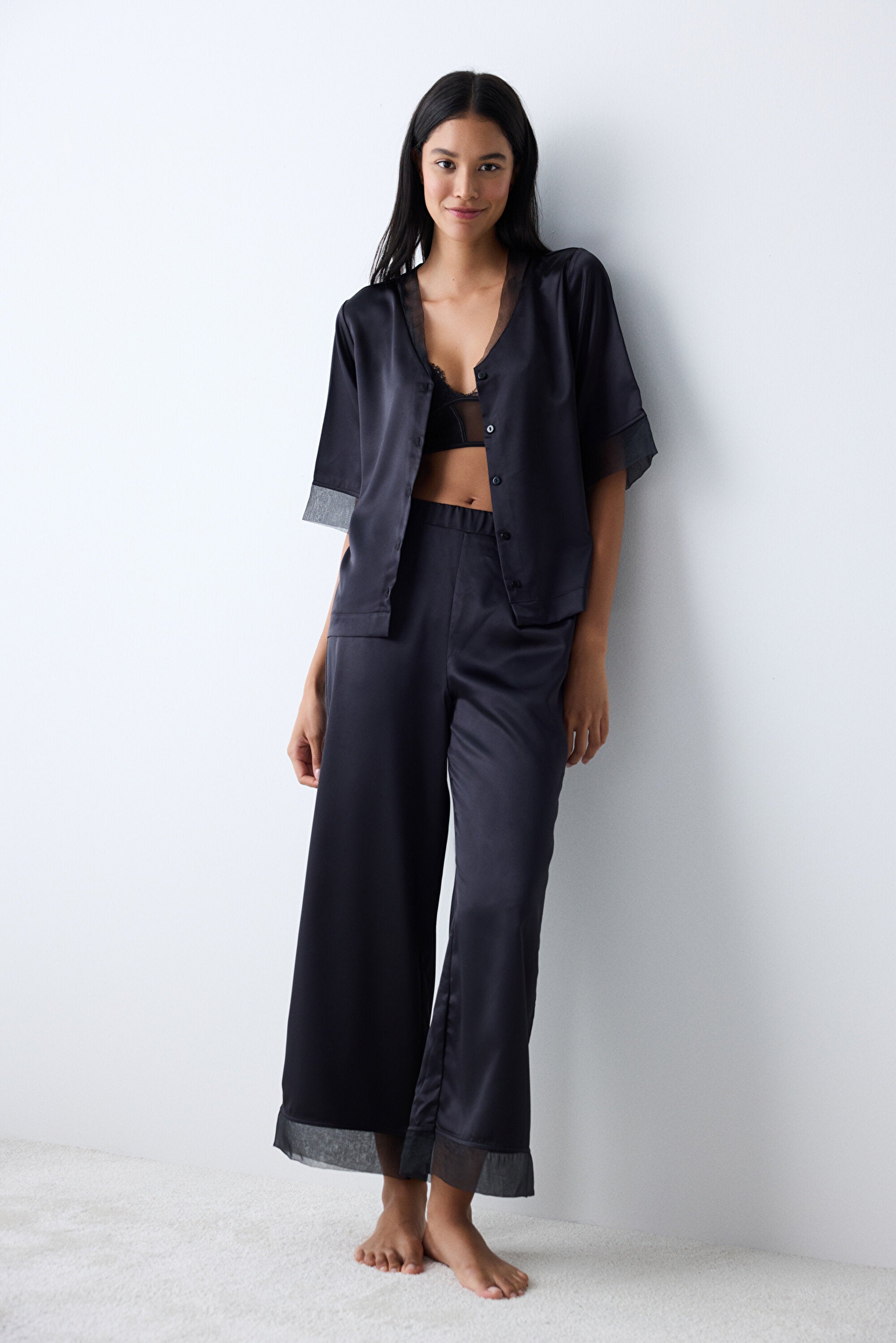 Belle Satin Black Shirt Pants Pajama Set