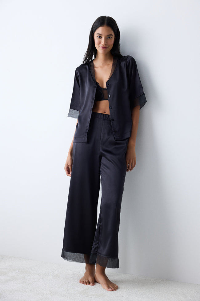 Belle Satin Black Shirt Pants Pajama Set Main Image