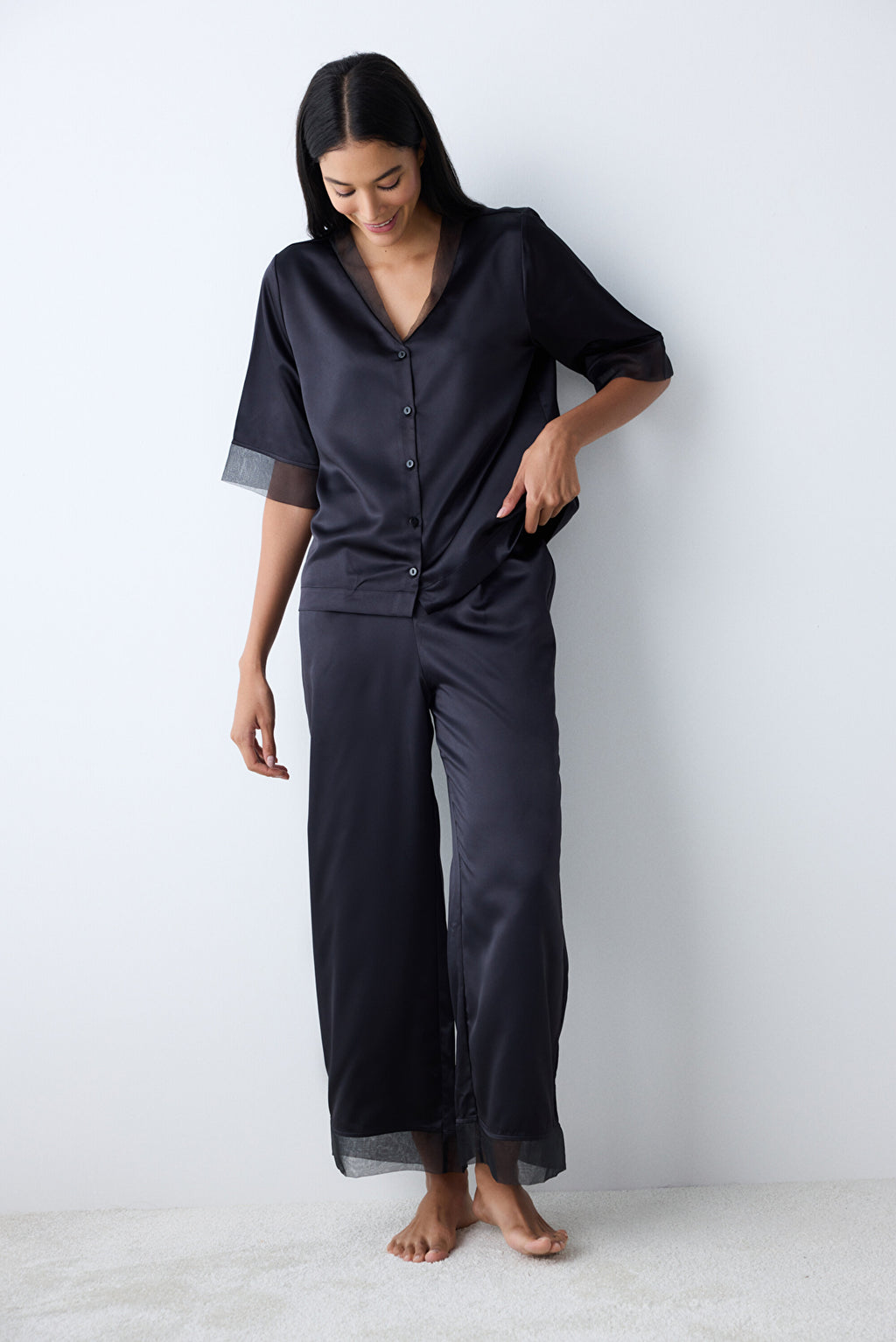Belle Satin Black Shirt Pants Pajama Set