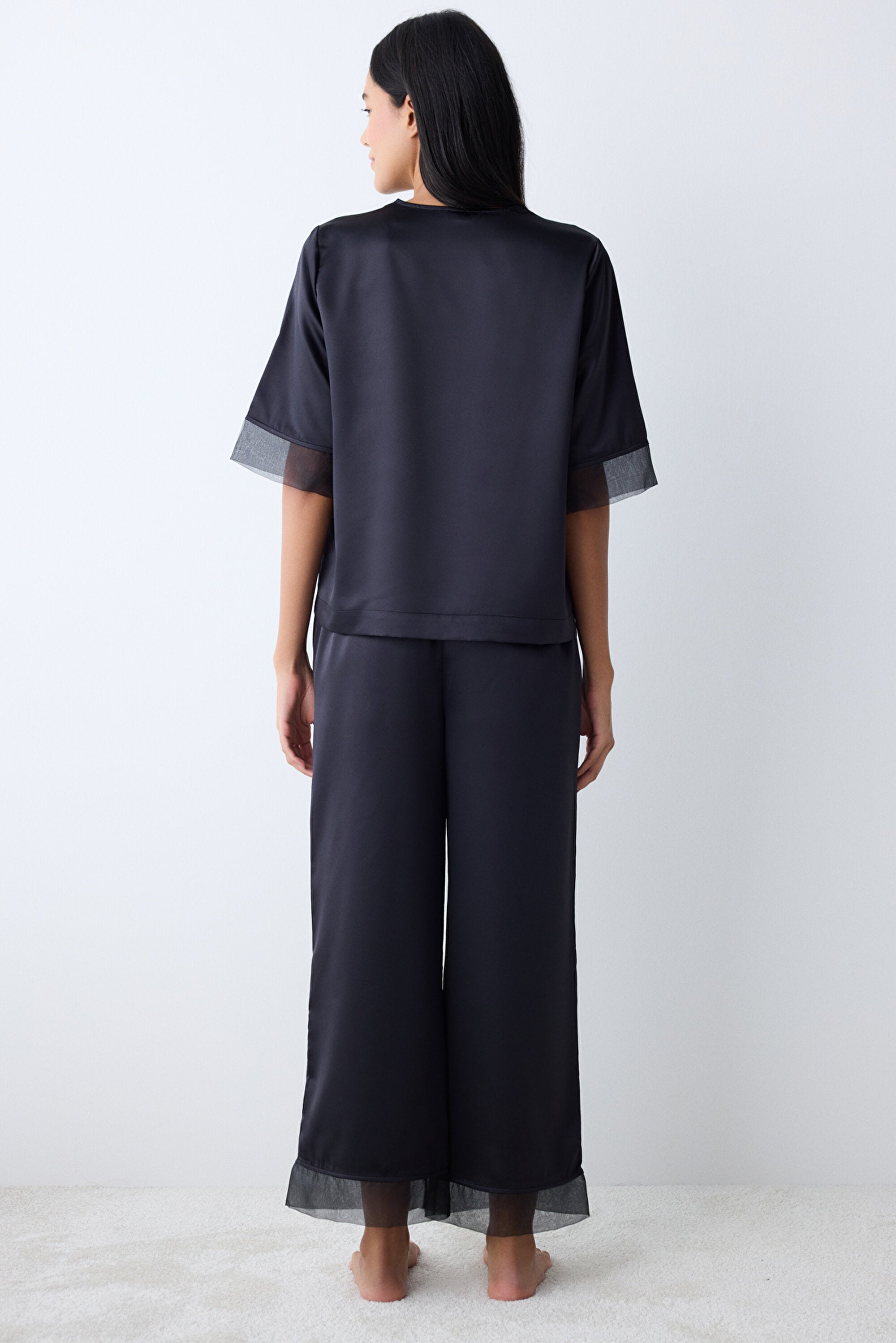 Belle Satin Black Shirt Pants Pajama Set