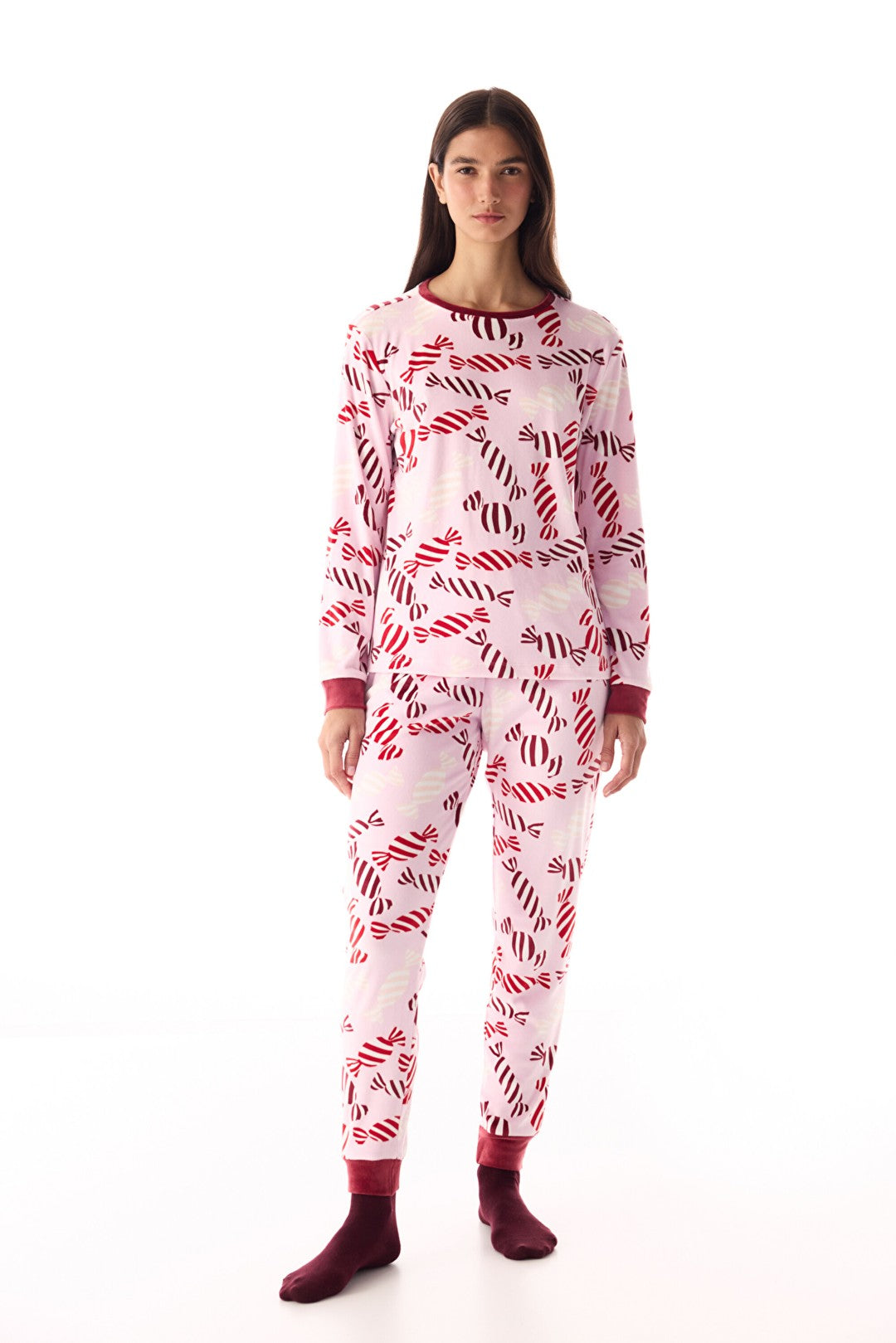 Pink Joyful Season Crew Neck Pajama Set