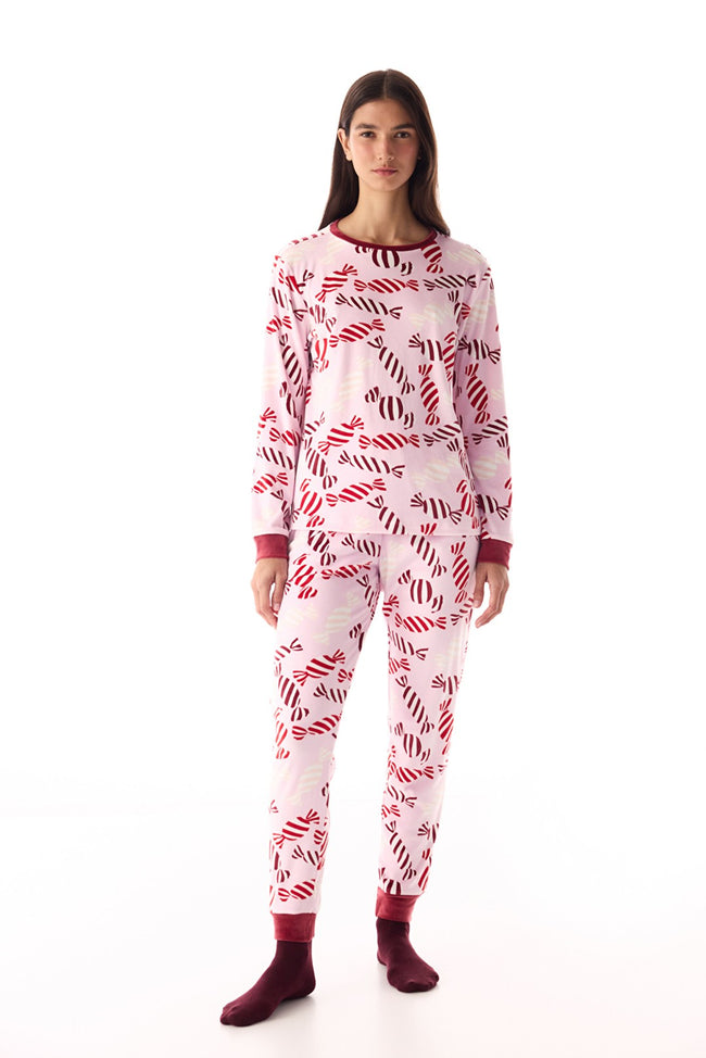 Pink Joyful Season Crew Neck Pajama Set Hover Image