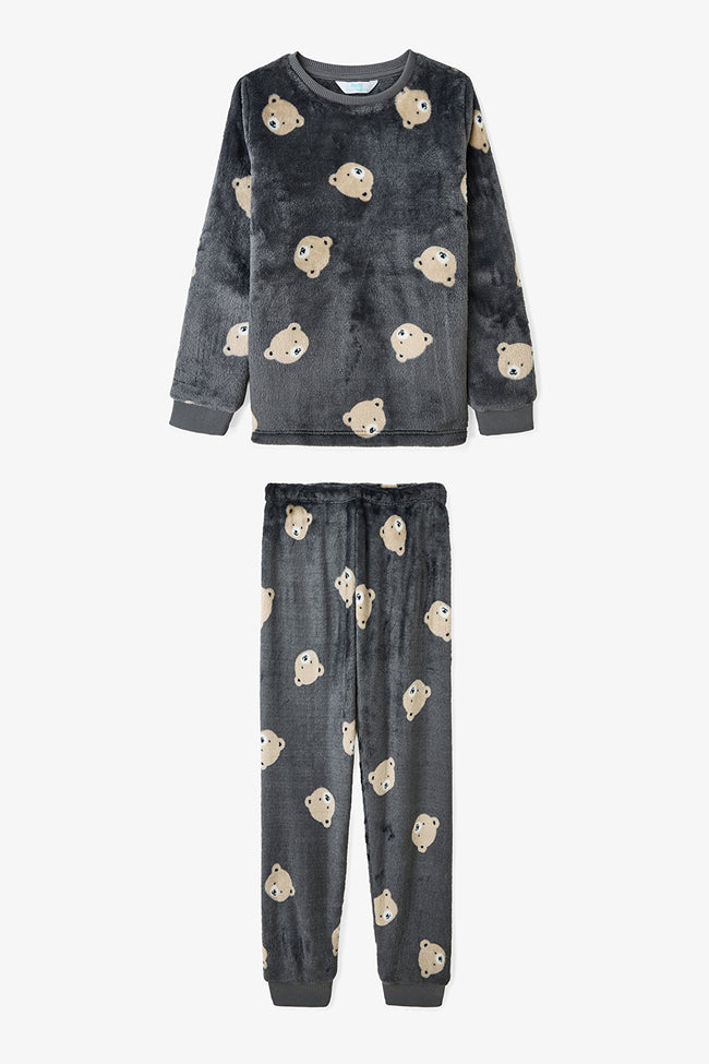 Off-Gray Boys Long-Sleeved Pajama Set with Bear Pattern Hover Image