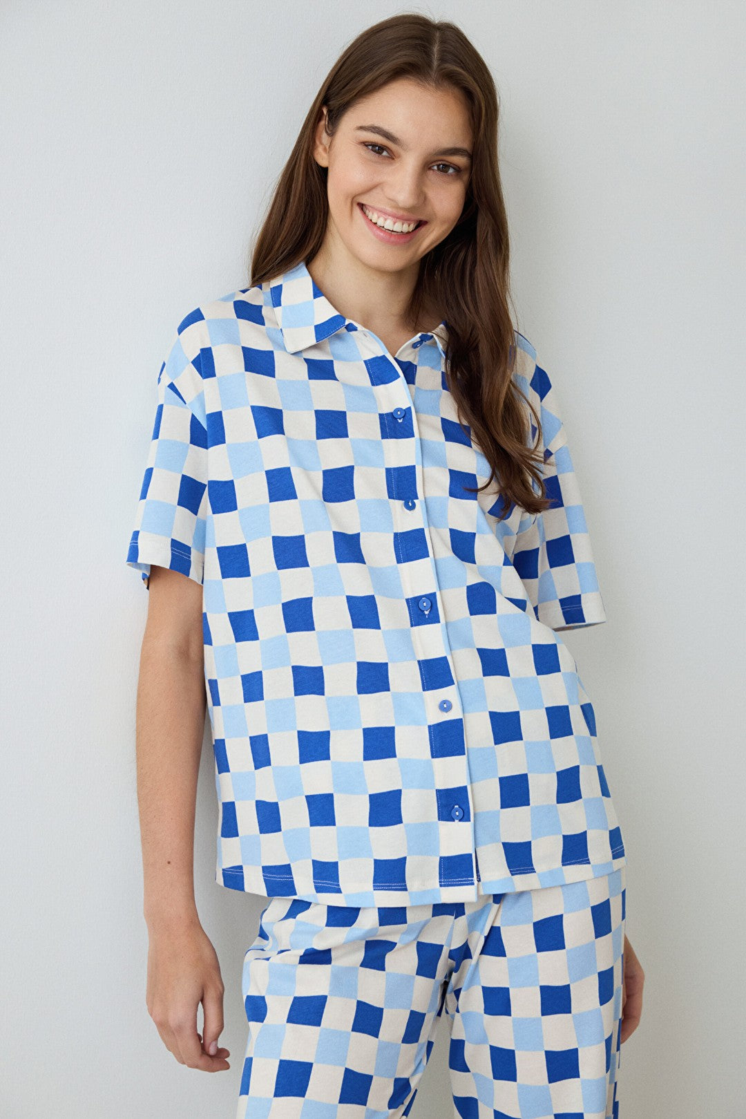 Plaid Rhea Gingham Shirt Collar Cotton Short Sleeve Pajama Set