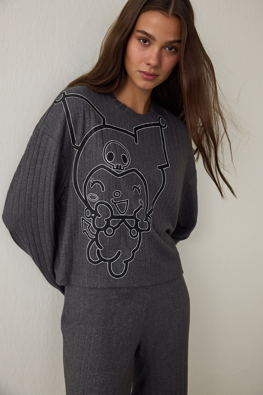 Anthracite Kuromi Print Boat Neck Long Sleeve Pajama Set