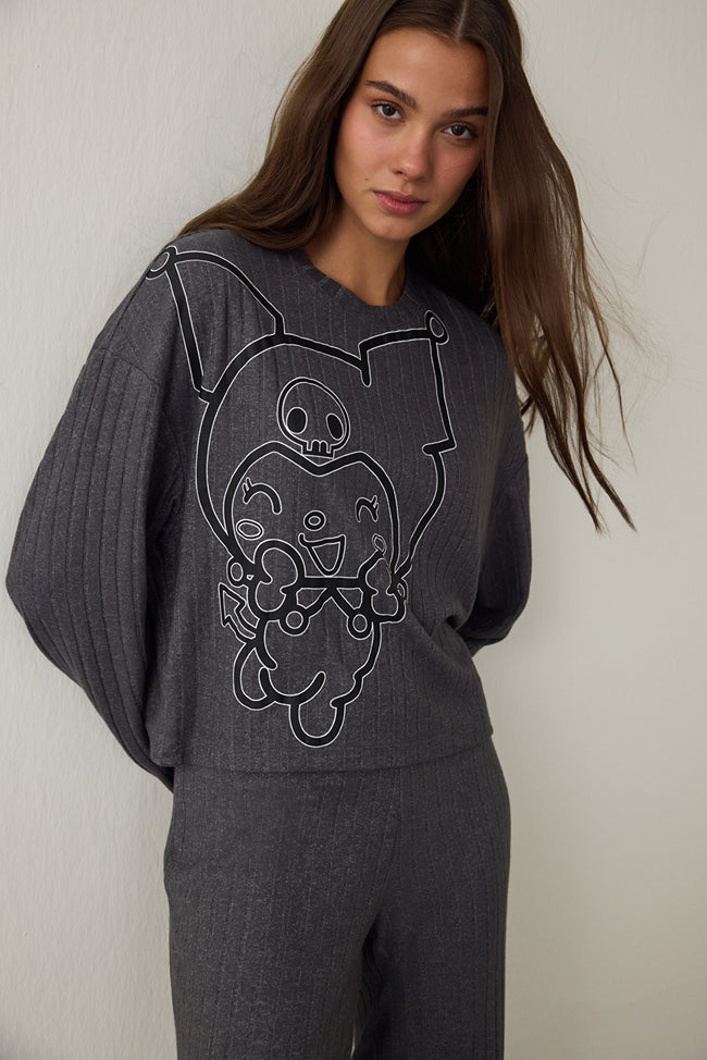 Anthracite Kuromi Print Boat Neck Long Sleeve Pajama Set Hover Image