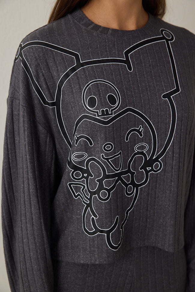 Anthracite Kuromi Print Boat Neck Long Sleeve Pajama Set Main Image