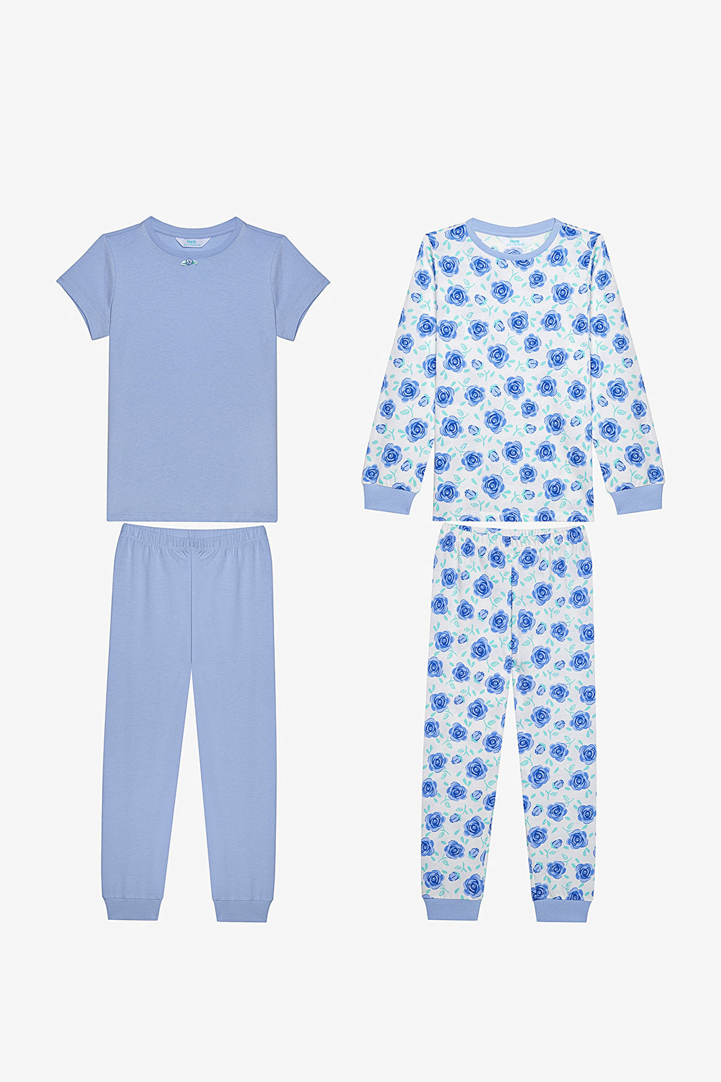 Girls Blue Roses 2-Piece Multicolored Pajama Set